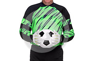 Football goalkeeper holding ball isolated