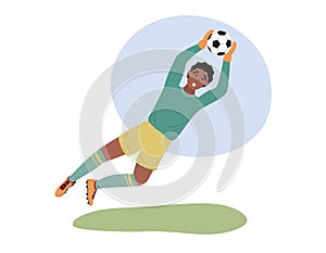 Football goalkeeper isolated. Soccer goalie player jumping and catching ball. Flat vector illustration of african american man