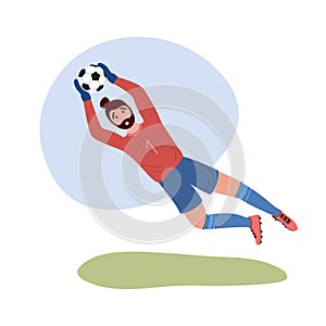 Football goalkeeper isolated. Soccer goalie player jumping and catching ball. Flat vector illustration of man playing football