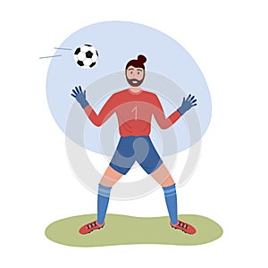 Football goalkeeper isolated. Soccer goalie player stnding and catching ball. Flat vector illustration of focused professional man