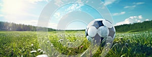 a football is on the grass near the goal