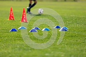 Football Grass Training Field. Soccer Equipment on Grass Pitch