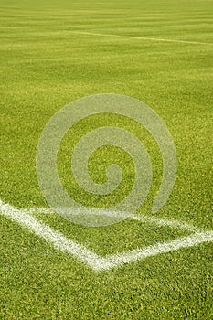 Football green grass field corner white lines