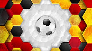 Football grunge polygonal motion background with soccer ball, German flag colors