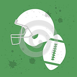 Football helmet and ball. Rugby equipment in retro style