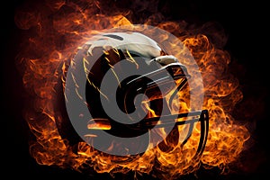 Football helmet on fire on black background. Generate Ai