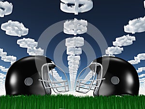 Football Helmet on Grass with Dollar Clouds