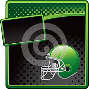 Football helmet on green and black halftone ad