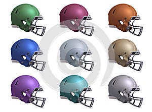 Football helmets side view in various colors isolated on white