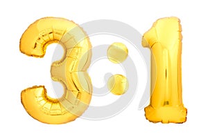 Football or hockey score 3:1 numbers three and one made of golden inflatable balloons isolated on white background