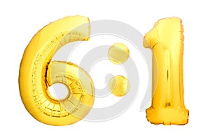 Football or hockey score 6:1 numbers six and one made of golden inflatable balloons isolated on white background