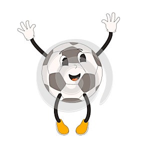 Football jumping ball groovy character. Soccer retro mascot. Cartoon sport equipment isolated on white background. Championship