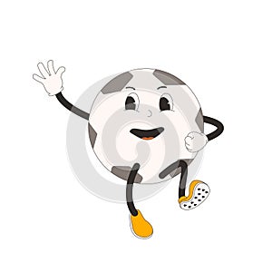 Football jumping ball groovy character. Soccer retro mascot. Cartoon sport equipment isolated on white background. Championship