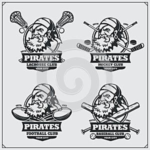 Football, lacrosse, baseball and hockey logos and labels. Sport club emblems with pirate.