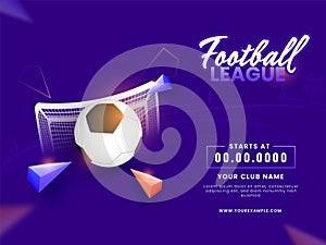 Football League Concept With 3D Soccer Ball, Goal Net, Triangle Element On Violet