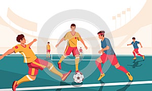 Football match scene. Cartoon players in competition, tense group fight dynamic panoramic view of players in game