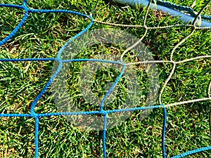 Football net on playfield grass.