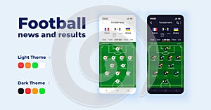 Football news and results cartoon smartphone interface vector templates set