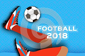 Football 2018 in paper cut style. Origami world championship on blue. Football cup. Soccer boots. Sport.