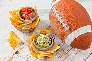 Football party food, super bowl day, nachos salsa guacamole