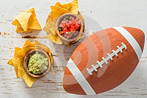 Football party food, super bowl day, nachos salsa guacamole