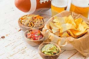 Football party food, super bowl day, nachos salsa guacamole