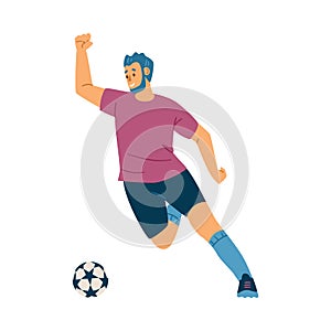 Football player attacks opponent gate, flat vector illustration isolated.