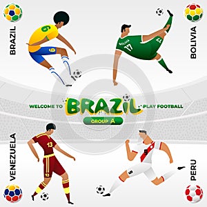 Football player in the background of a pattern of Brazilian national symbols