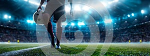 Football player with ball in the stadium, 3d rendering