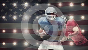 Football player being tackled with an American flag on the foreground