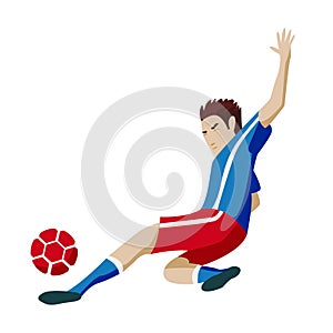 Football player character showing actions. Cheerful soccer player running, kicking the ball, jumping. Simple style