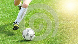 Football Player Compete For a Ball. Children Playing Sports on Grass Pitch. Closeup Image of Youth Football Competition