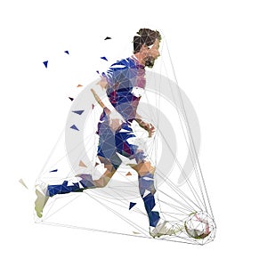 Football player in dark blue jersey running with ball, abstract low poly vector drawing. Soccer player kicking ball. Isolated