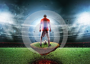 Football player on a fiery field ready to kick the ball