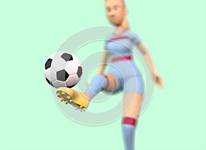 a football player girl holds the ball on her foot, the ball is in focus 3d-rendering