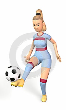 football player girl juggles a ball with her foot 3d-rendering