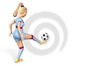 football player girl juggles a ball with her foot 3d-rendering