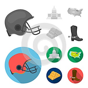 Football player helmet, capitol, territory map, gold and foreign exchange. USA Acountry set collection icons in