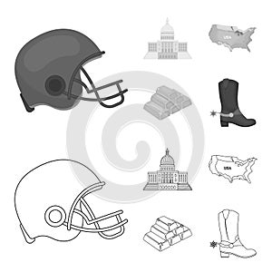Football player helmet, capitol, territory map, gold and foreign exchange. USA Acountry set collection icons in outline