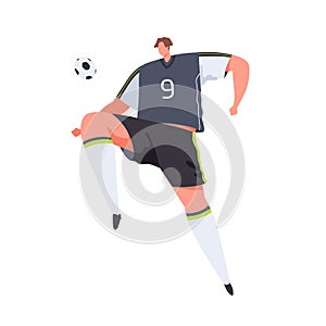 Football player hitting ball with knee. Man in uniform playing soccer. Professional footballer in motion during game or