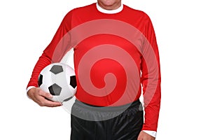 Football player holding ball isolated.