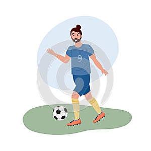 Football player isolated. Flat vector illustration of man playing soccer on grass. Footballer in sports uniform running after