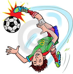 A Football player jumping on the sky and kicked the ball