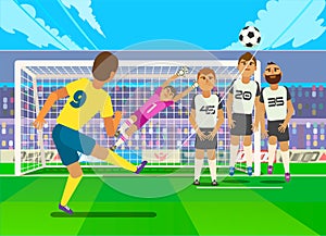 Football player kicking penalty. Vector illustration of football player kicking penalty to gate of opposite team.