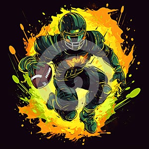 Football player running with ball in his hand and splashing paint. Generative AI