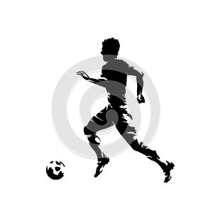 Football player running with ball, isolated vector silhouette, side view. Soccer, team sport athlete. Footballer logo