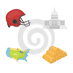 Football player`s helmet, capitol, territory map, gold and foreign exchange. USA Acountry set collection icons in