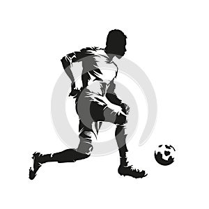 Football player shoots the ball and scores a goal, isolated vector silhouette, side view. Soccer, team sport athlete. Footballer