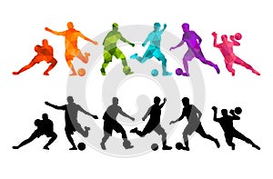 Football player soccer ball silhouette colorful background. Vector coloful illustration design banner card poster photo