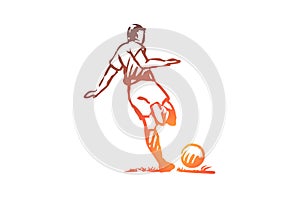 Football player, soccer, goal, kick concept. Hand drawn isolated vector.